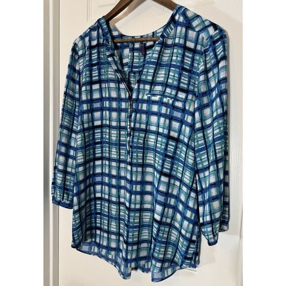 NYDJ Abstract Print Pleated Back Tunic Size L Geometric Art Preppy Casual Chic‎ - Picture 1 of 7